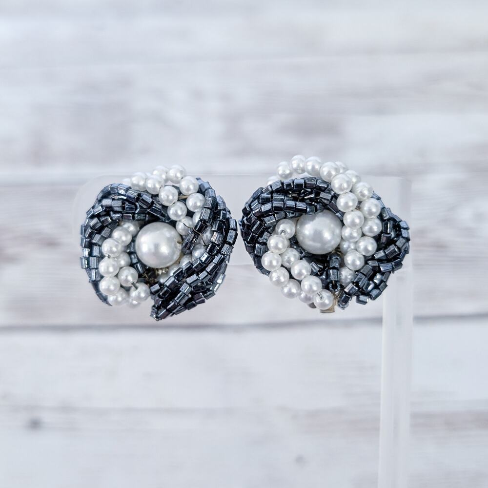 Vintage Clip On Earrings Metallic & Faux Pearl Wrap - One Not A Perfect Circle